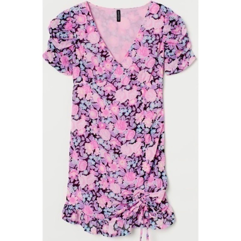 H&M Floral Draped Chiffon Rouched Adjustable Cinched 80s Style Puff Sleeve Dress